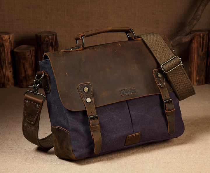 Messenger Bag Men Leather Genuine Leather Canvas 14inch Laptop Briefcase Crossbody Satchel Bag for Men-1