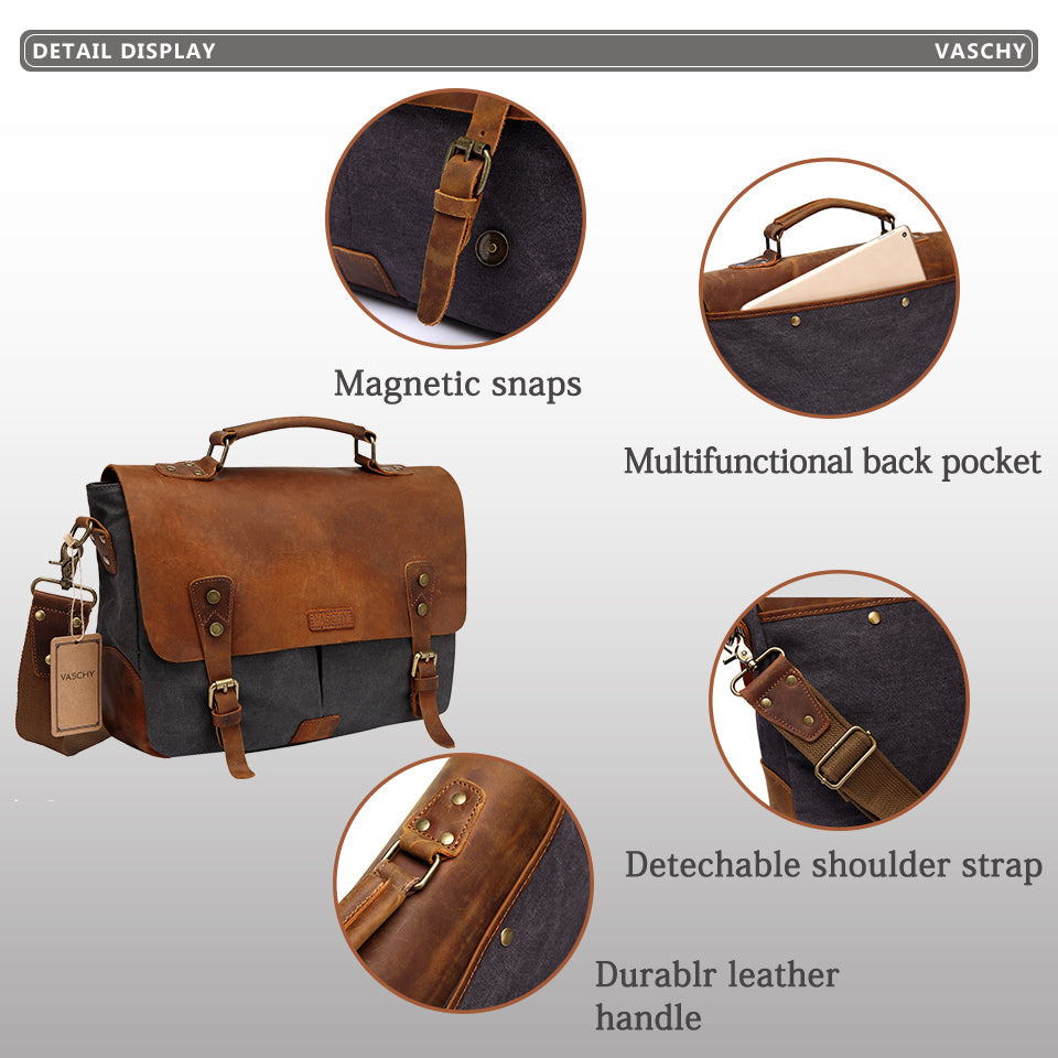 Messenger Bag Men Leather Genuine Leather Canvas 14inch Laptop Briefcase Crossbody Satchel Bag for Men-4