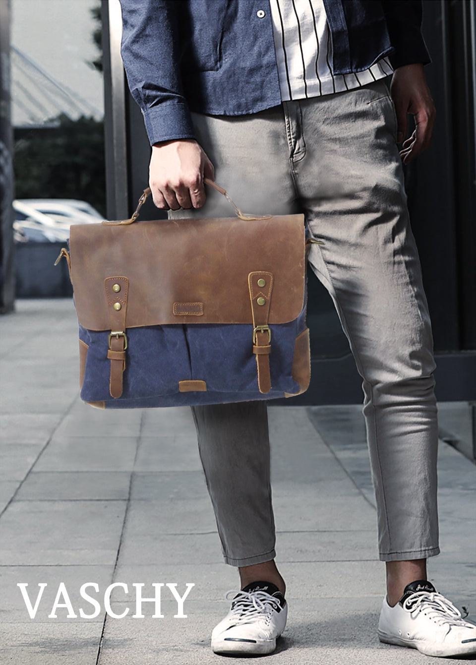 Messenger Bag Men Leather Genuine Leather Canvas 14inch Laptop Briefcase Crossbody Satchel Bag for Men-5