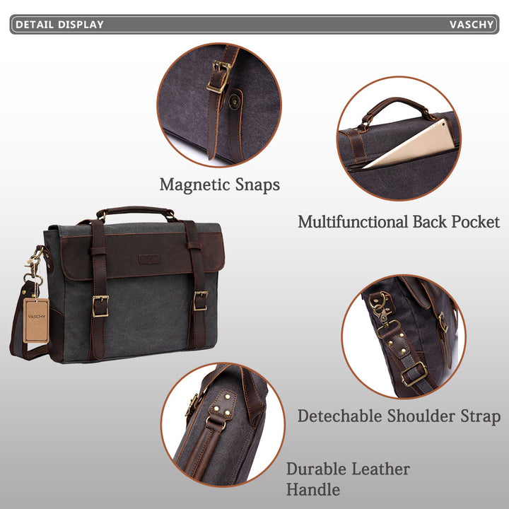 Men Vintage Briefcase Genuine Leather Canvas Messenger Bag for Men Business Shoulder Bag Fits 14 inch Laptop Handbag-10