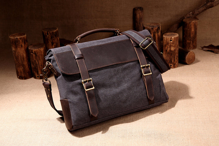 Men Vintage Briefcase Genuine Leather Canvas Messenger Bag for Men Business Shoulder Bag Fits 14 inch Laptop Handbag-8