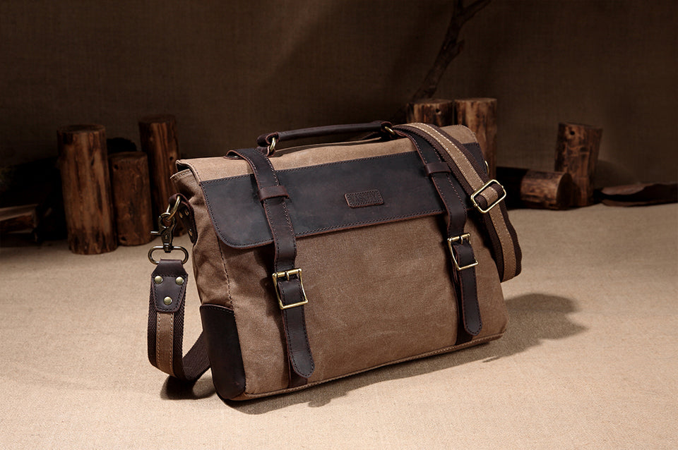 Men Vintage Briefcase Genuine Leather Canvas Messenger Bag for Men Business Shoulder Bag Fits 14 inch Laptop Handbag-1