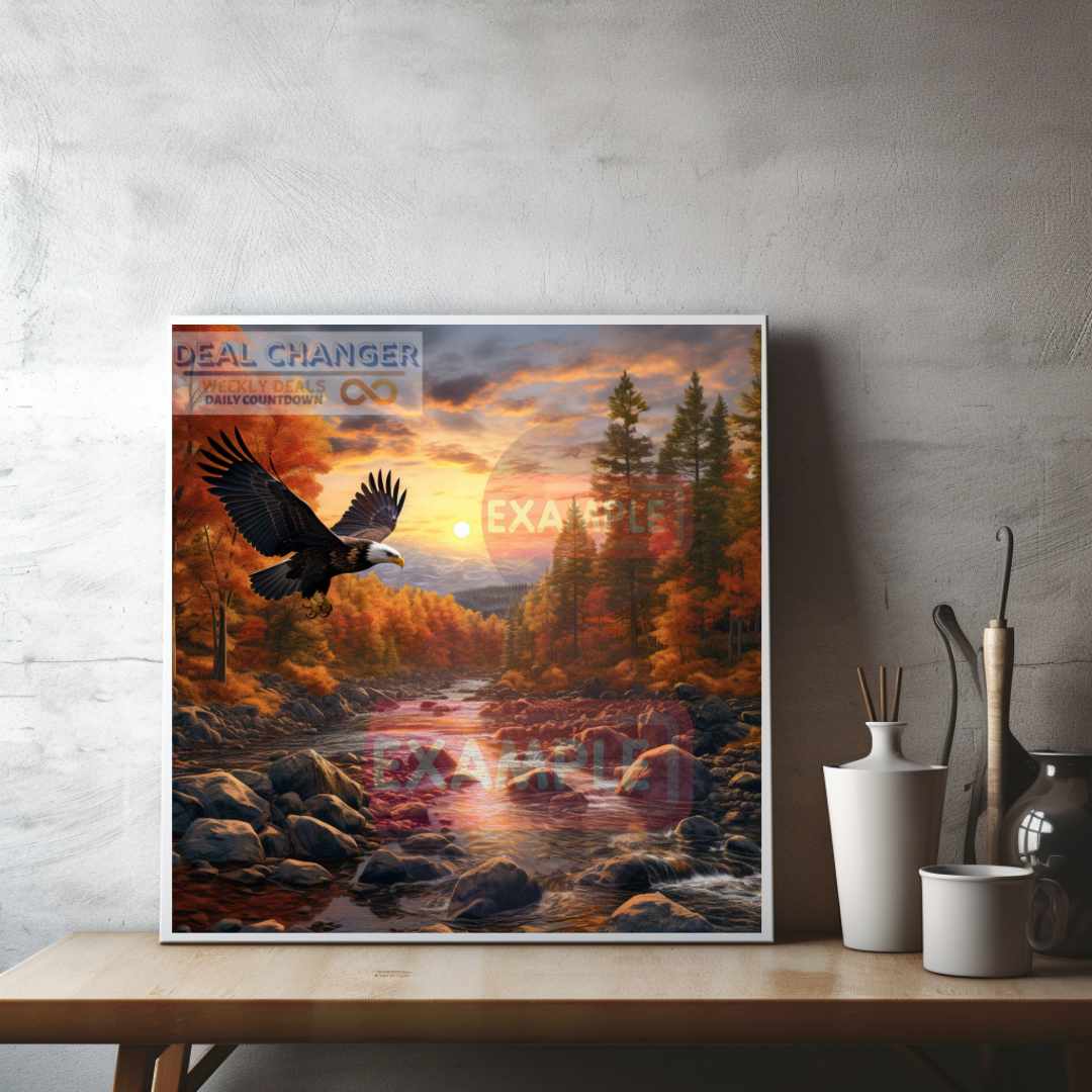 Autumn Beautifull Changing Leaf Landscape with a river brooke and american bald eagle | Square Canvas