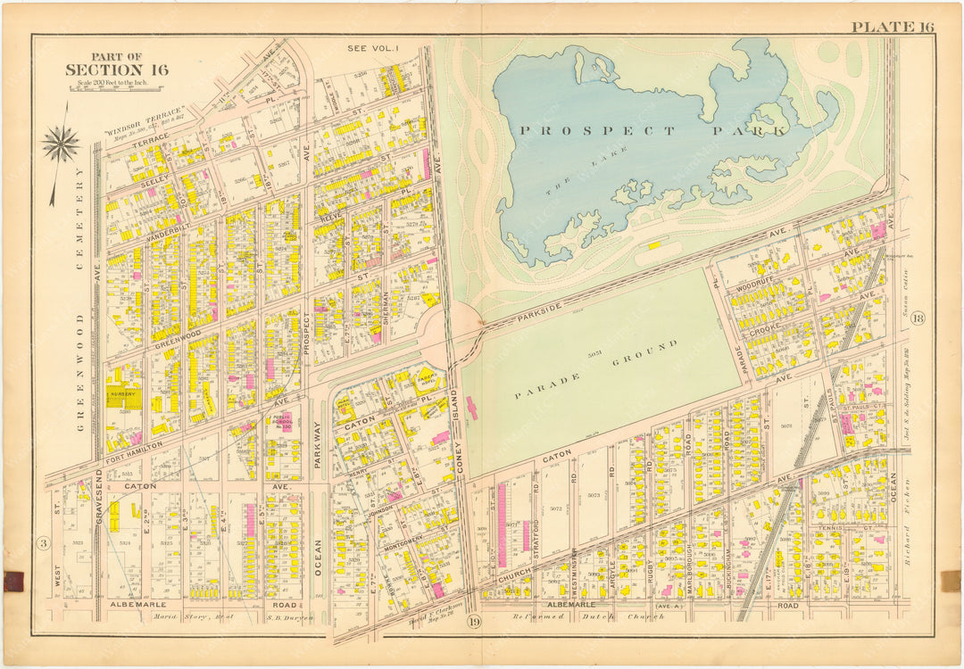 1907 BROOKLYN OLD MAP PLATE 16 PROSPECT PARK FLATBUSH KENSINGTON WINDSOR TERRACE