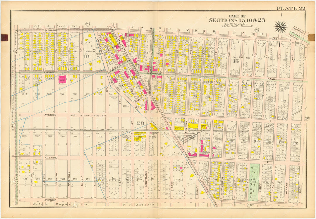 Brooklyn Map 1907, Vintage Atlas, Vanderveer Park, Germania Park, East 24th st - 42nd Street, Ocean Ave, Flatbush Ave, New York Ave, Glenwood, Nostrand Ave, Farragut Road, Long Island R. R.,   +++