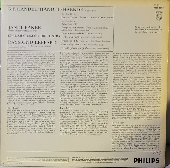 Händel* / Janet Baker, English Chamber Orchestra, Raymond Leppard ‎– Händel- Cantata Lucrzia / Largo: Ombra Mai Fu /ETC