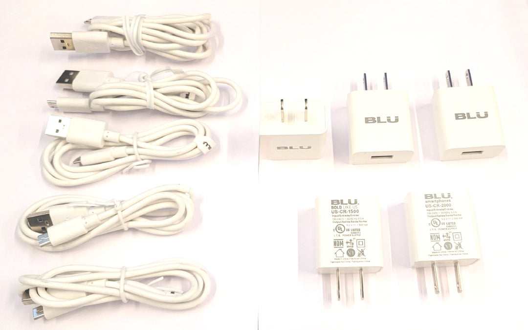 Cables de carga Blu Micro USB de 3 pies y adaptadores de enchufe de CA - Tabletas Android - Juego de 5
