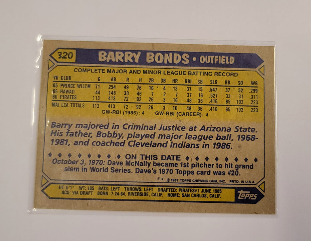 Barry Bonds 1987 Rookie Baseball Card Outfield Pittsburgh Pirates *Rare Error*