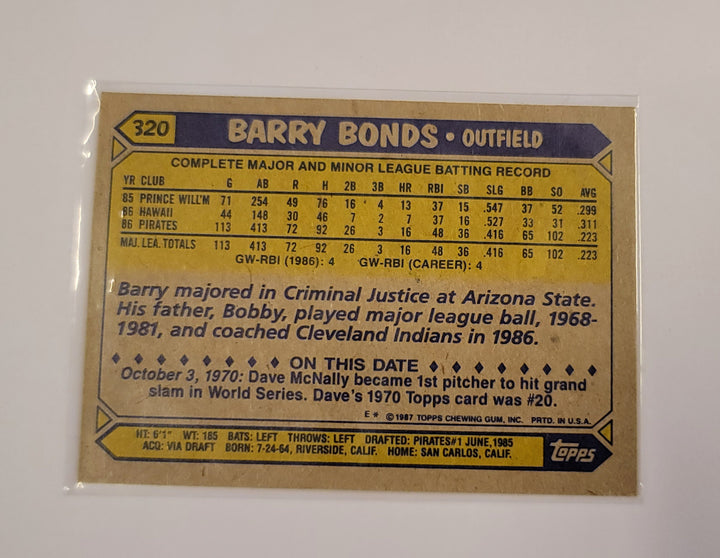 Barry Bonds 1987 年新秀棒球卡外场匹兹堡海盗 * 罕见错误 *