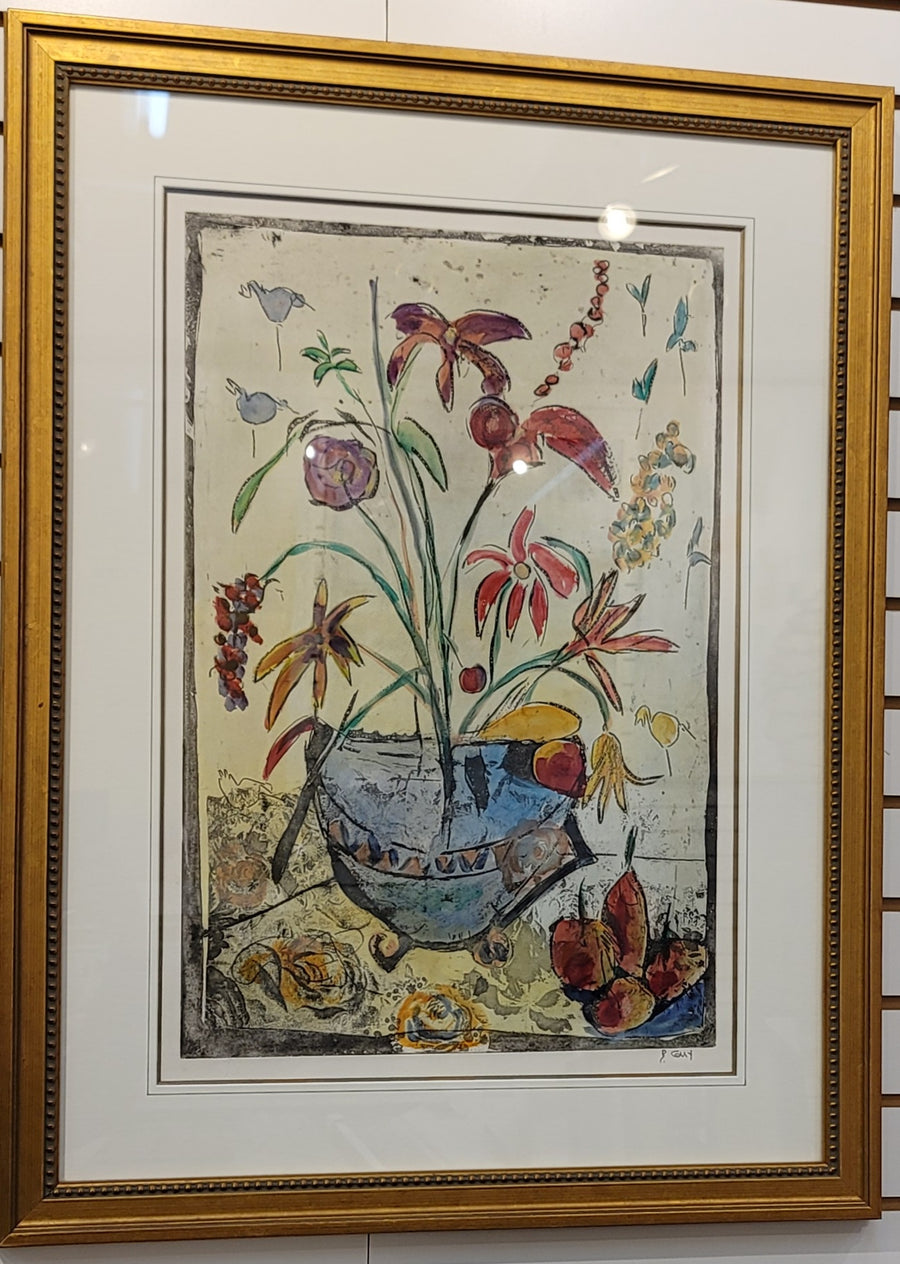 Origional Water Color Etching Flower Pot Signed Bracha Guy - Deal Changer
