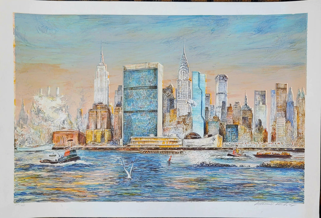 East River New York City- Lithograph 23" x 35" Empire UN Chrysler Building