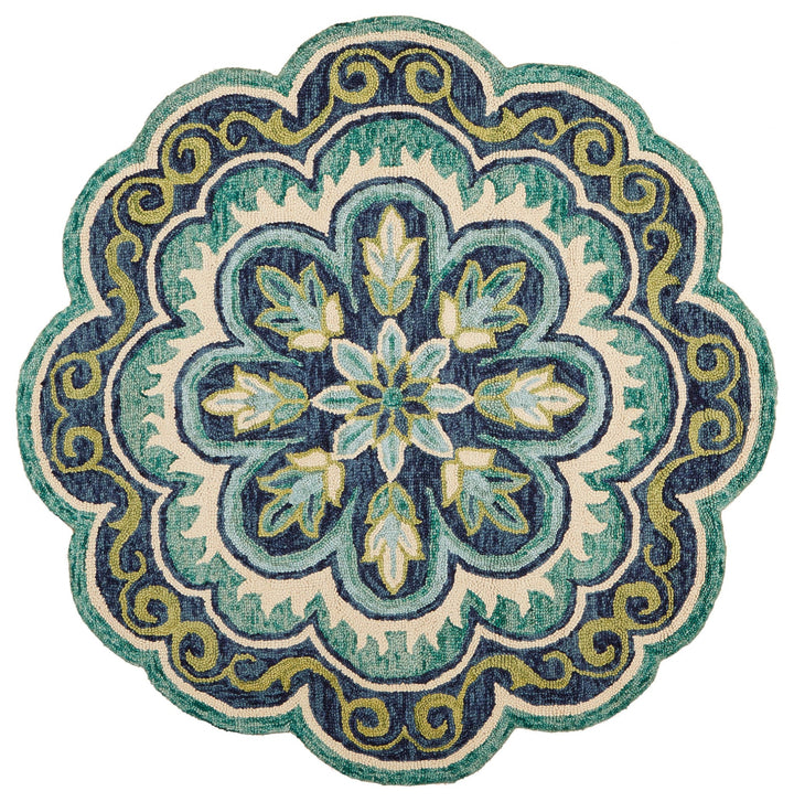 6’ Round Green Floral Artwork Area Rug