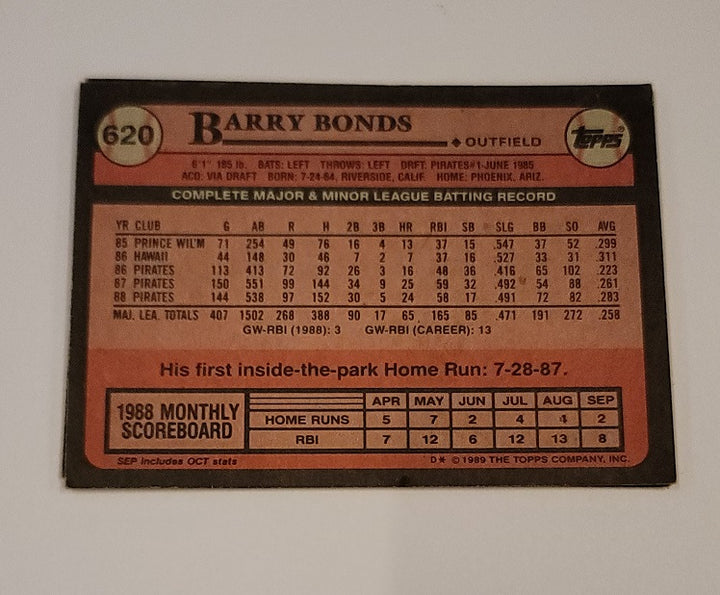 Barry Bonds 1989 Topps Pirates Tarjeta de béisbol 620