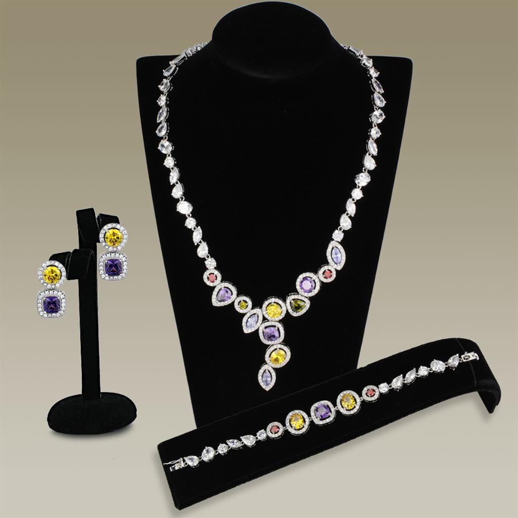 3W930 - Rhodium Brass Jewelry Sets with AAA Grade CZ  in Multi Color