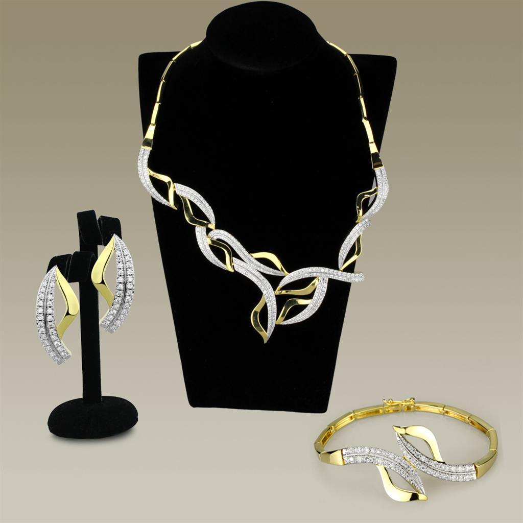 3W942 - Gold+Rhodium Brass Jewelry Sets with AAA Grade CZ  in Clear