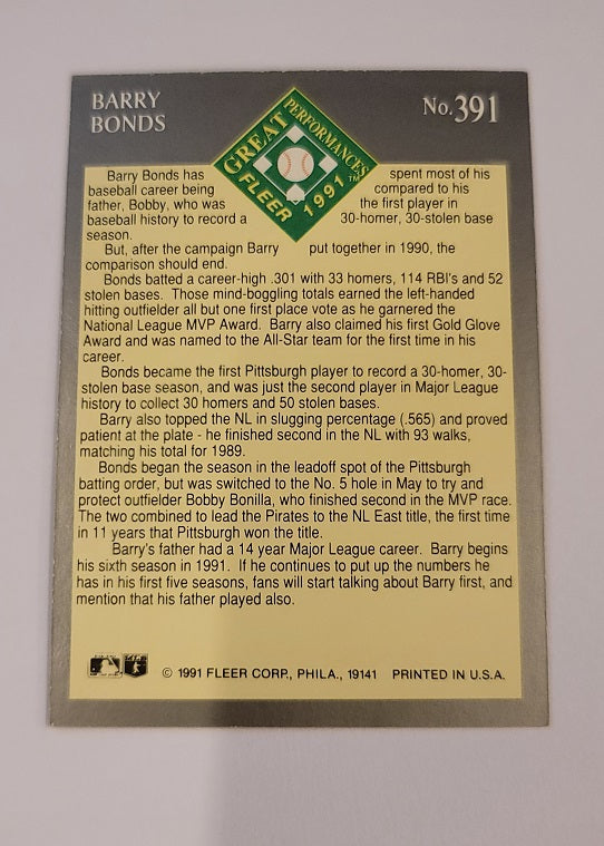 1991 年巴里邦兹 Fleer Pirates 外野手棒球卡