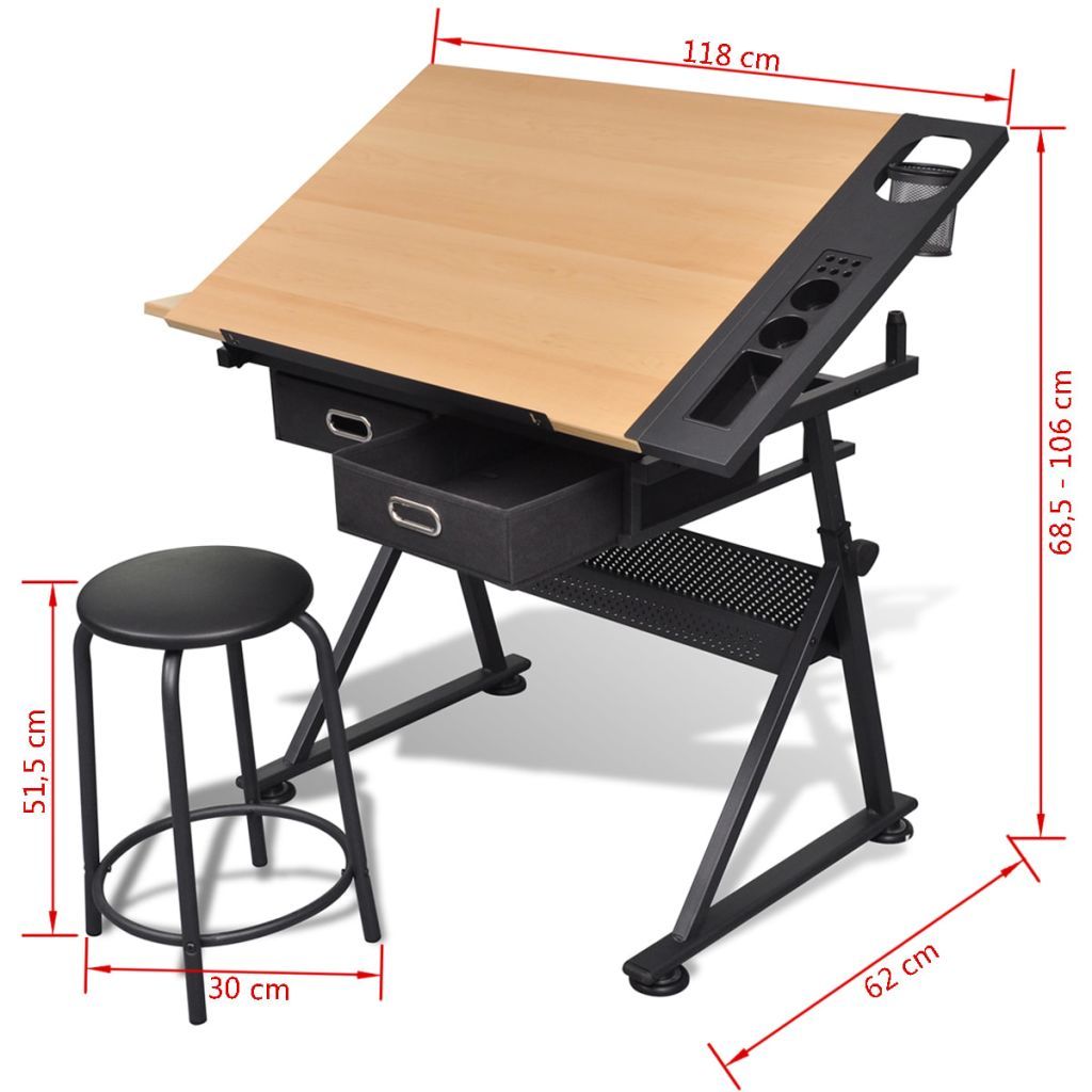 vidaXL Two Drawers Tiltable Tabletop Drawing Table with Stool-7