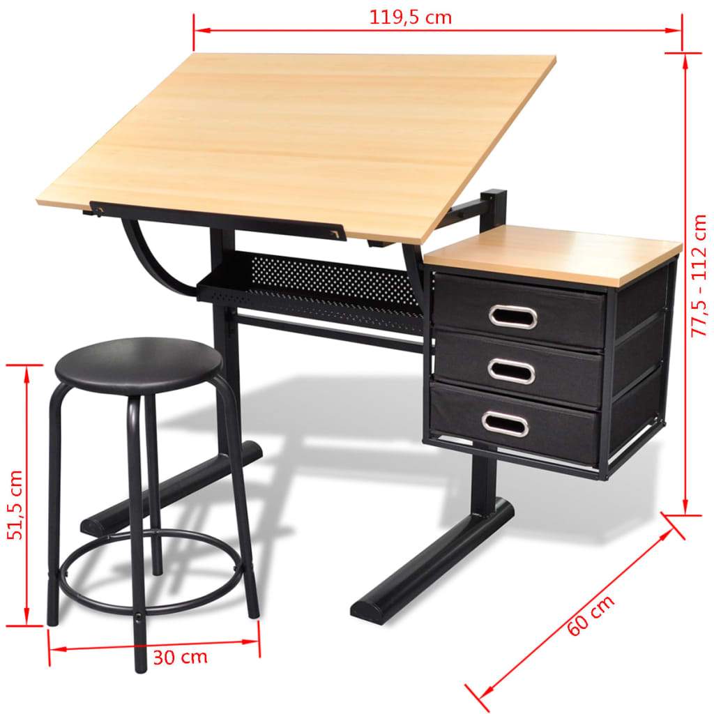 vidaXL Three Drawers Tiltable Tabletop Drawing Table with Stool