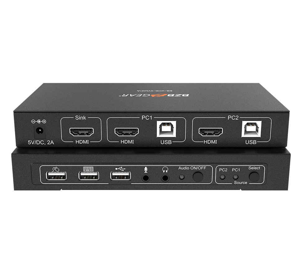 2X1 4K UHD KVM Switcher with USB2.0 Ports for Peripherals and Audio Support