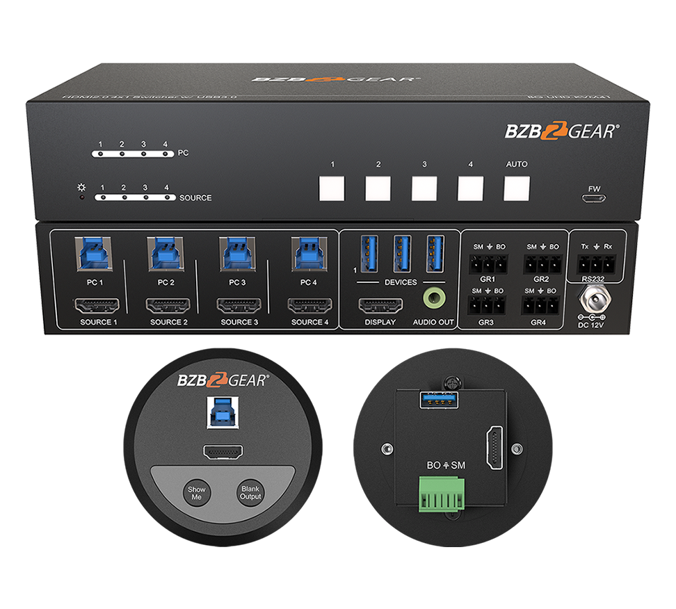 4-Port 4K UHD KVM and Conference Room Switcher with HDMI and USB3.0 Kit with 4 Table Grommets
