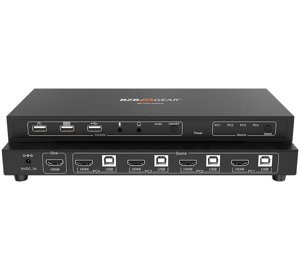 4X1 4K UHD KVM Switcher with USB2.0 Ports for Peripherals and Audio Support