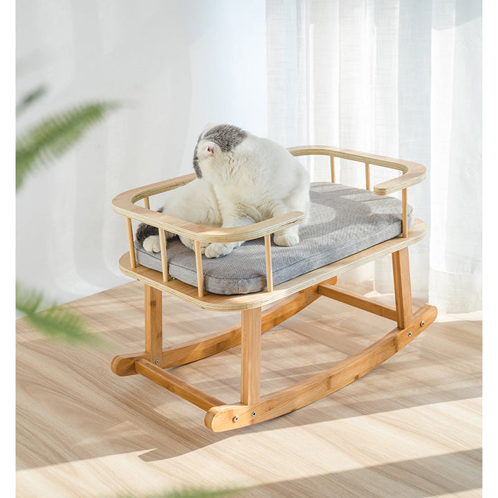 INSTACHEW Rockaby Pet Bed, Comfy and Portable Kitten Couch with Soft Cushion for Small, Medium Cats, Dogs, Long Lasting Cat Furniture, Bamboo Wooden Cot - Grey and Brown