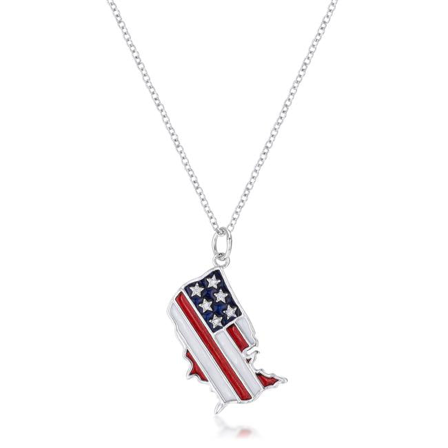This necklace shines with rhodium plating the same metal that gives white gold its glimmer. Red white and blue enamel change a pendant shaped like