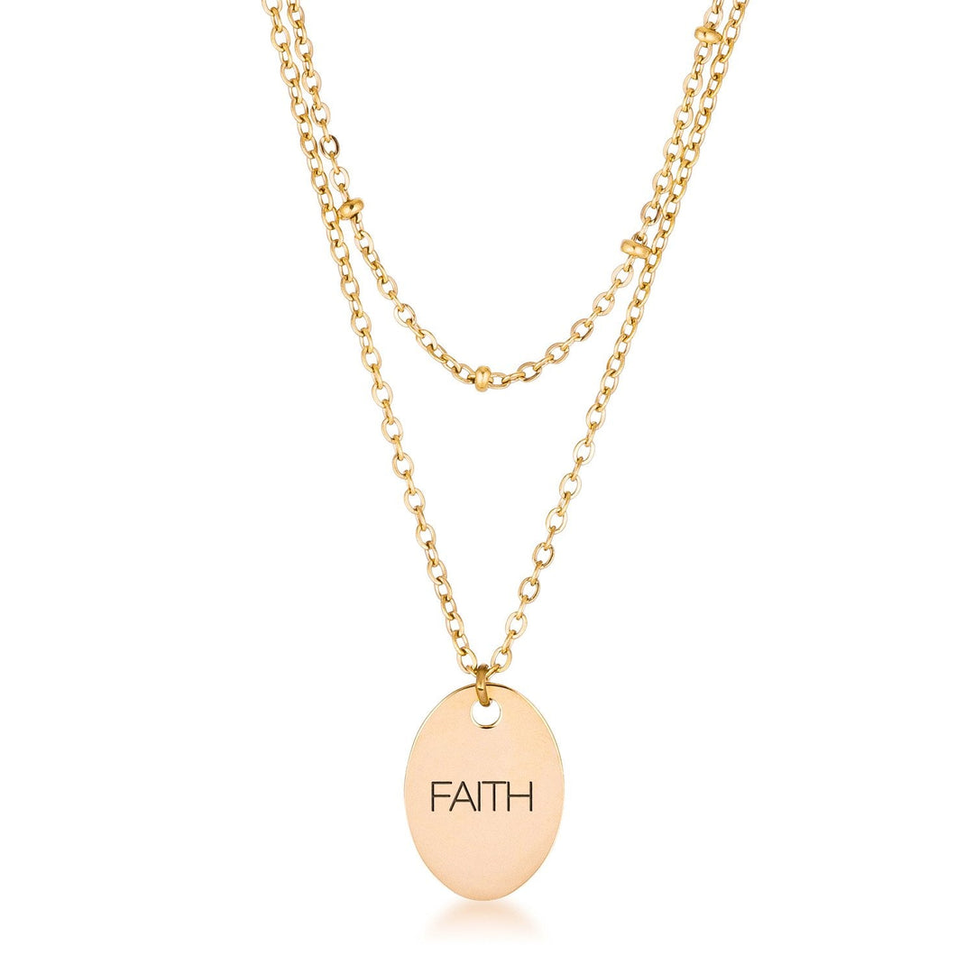 This classy necklace features a simple oval pendant inscribed with FAITH hanging from a cable chain. An inner saturn chain adds sophistication to