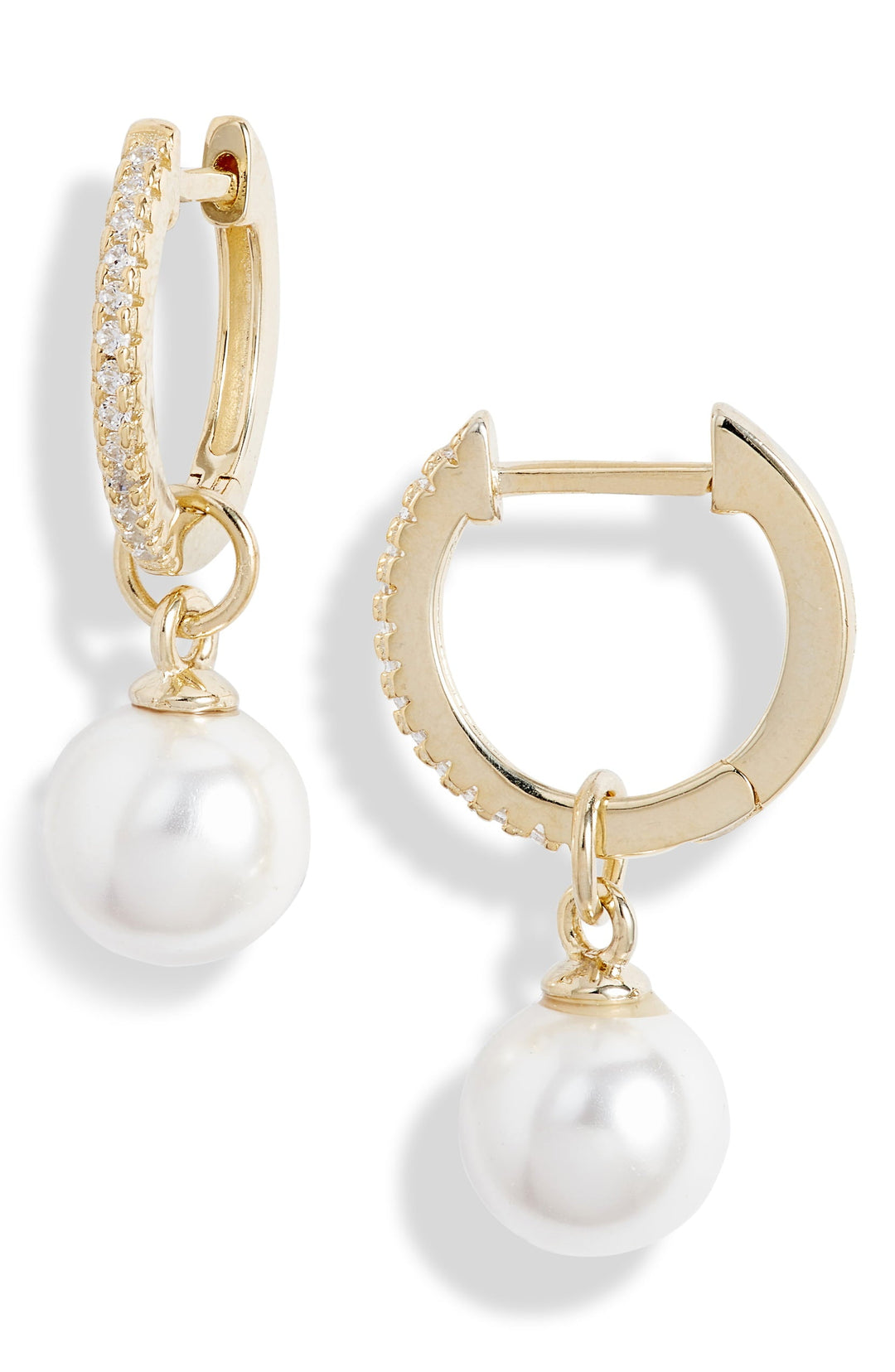 Pave Pearl Huggie Drop Earrings