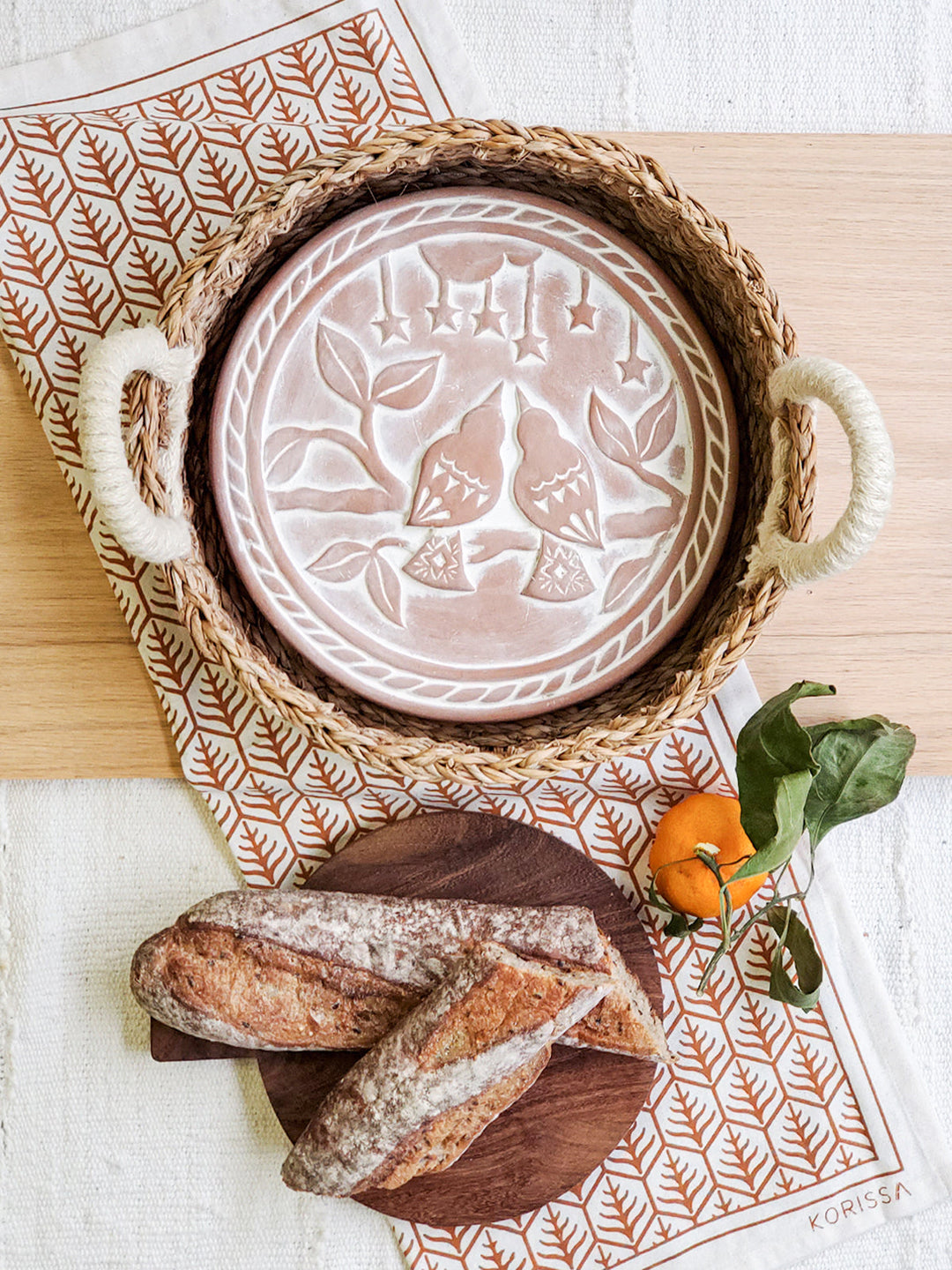 Bread Warmer & Basket Gift Set with Tea Towel - Lovebird Round