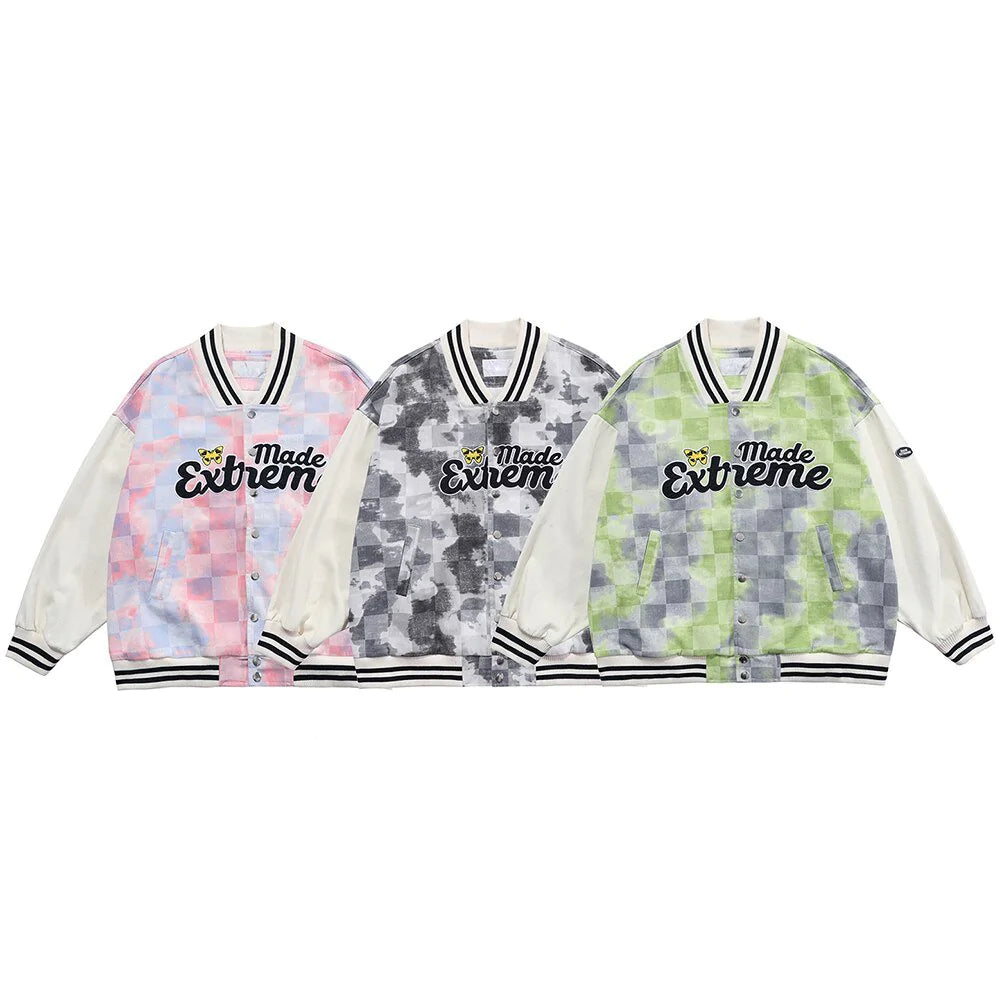 Baseball Jacket Men Tie Dye Checkerboard Printed Patchwork Bomber Coats V-Neck Harajuku College Style Streetwear Spring
