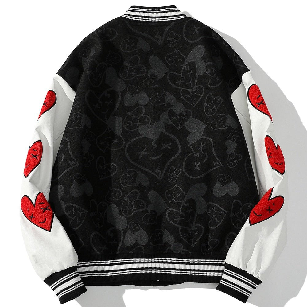 Bomber Jackets Men Furry Heart-shaped Patch Leather Patchwork Baseball Coats Vintage Varsity Fashion Streetwear Couple-1