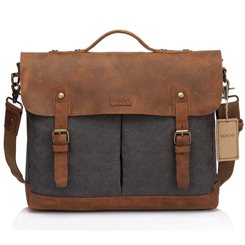 Casual Men's Briefcase Business Messenger Bag Cowhide Leather Canvas Shoulder Bag 15.6 inch Laptop Handbag for Men