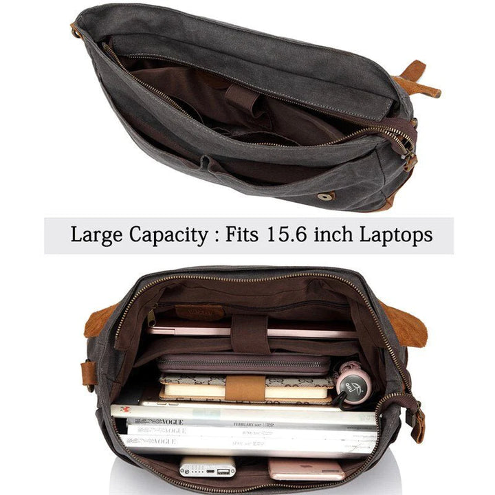 Casual Men's Briefcase Business Messenger Bag Cowhide Leather Canvas Shoulder Bag 15.6 inch Laptop Handbag for Men