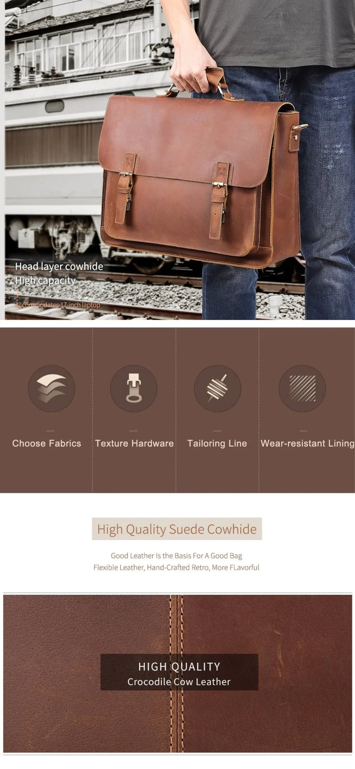 Crazy Horse Leather Large Briefcases Male Messenger Laptop Bag Vintage Men's Genuine Leather Briefcase Business Travel Bag