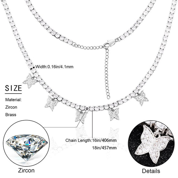 Drip Butterfly 4mm CZ Tennis Chain Charm Choker Necklace Iced Out Bling Women Chains Shining Fashion Jewelry Elegant Daily Style