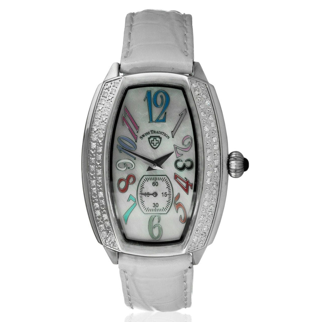 Swiss Tradition Tonneau Crystal Accented White Leather Strap Watch