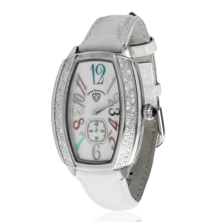 Swiss Tradition Tonneau Crystal Accented White Leather Strap Watch