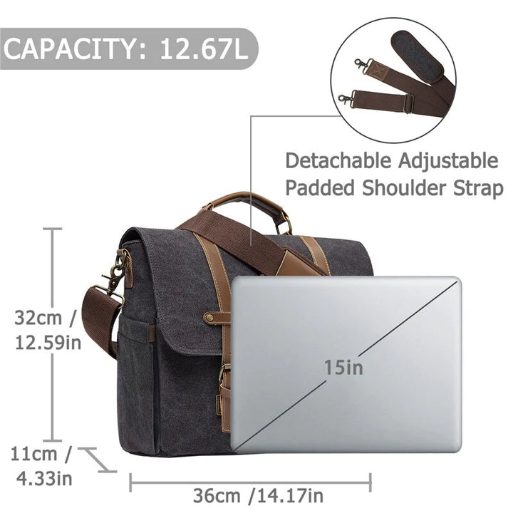 Vintage Men Briefcase Water Resistant Canvas Messenger Bag for 15 In Laptop Business Satchel Padded Shoulder Bags Male