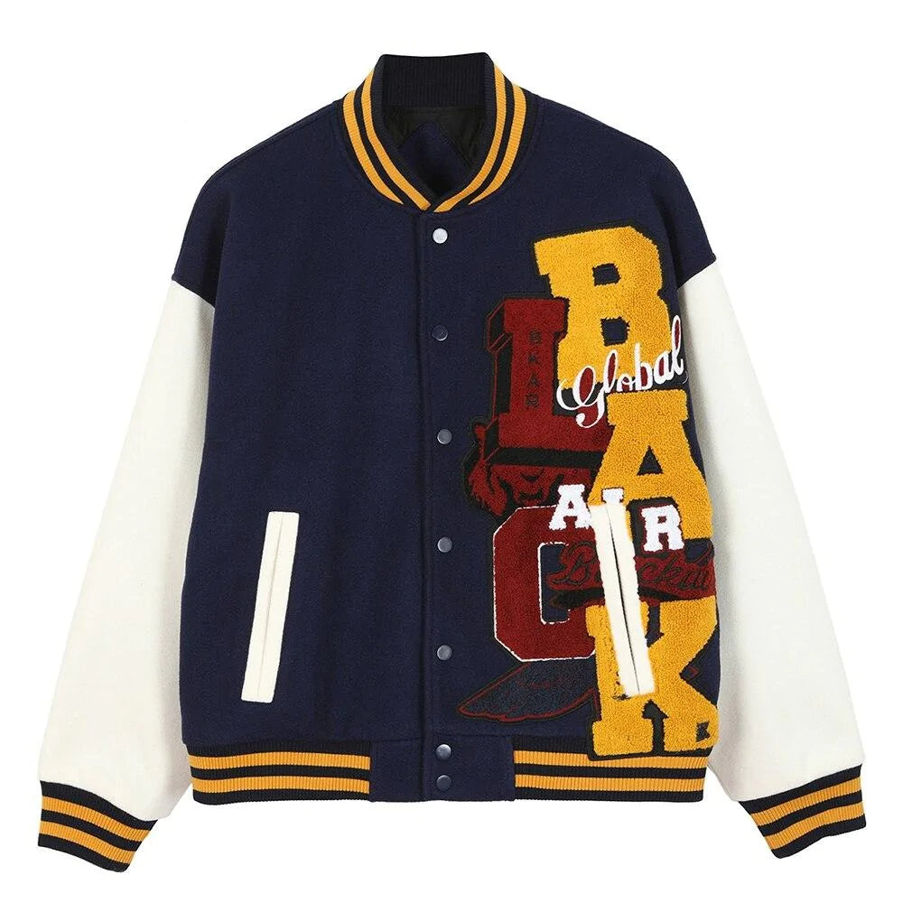 Hit Color Furry Big Letter Patch Single Breasted Baseball Jacket Men Coat Winter Retro High Street Couple Bomber Jacket