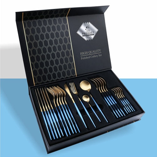 24pcs Gold Tableware Set Fork Spoon Knife Cutlery Set Stainless Steel Cake Stand Dinnerware Dinner Kitchen Holiday Gift Box