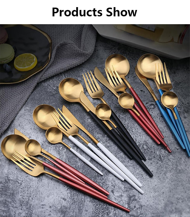 24pcs Gold Tableware Set Fork Spoon Knife Cutlery Set Stainless Steel Cake Stand Dinnerware Dinner Kitchen Holiday Gift Box