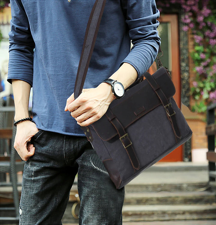 Men Vintage Briefcase Genuine Leather Canvas Messenger Bag for Men Business Shoulder Bag Fits 14 inch Laptop Handbag