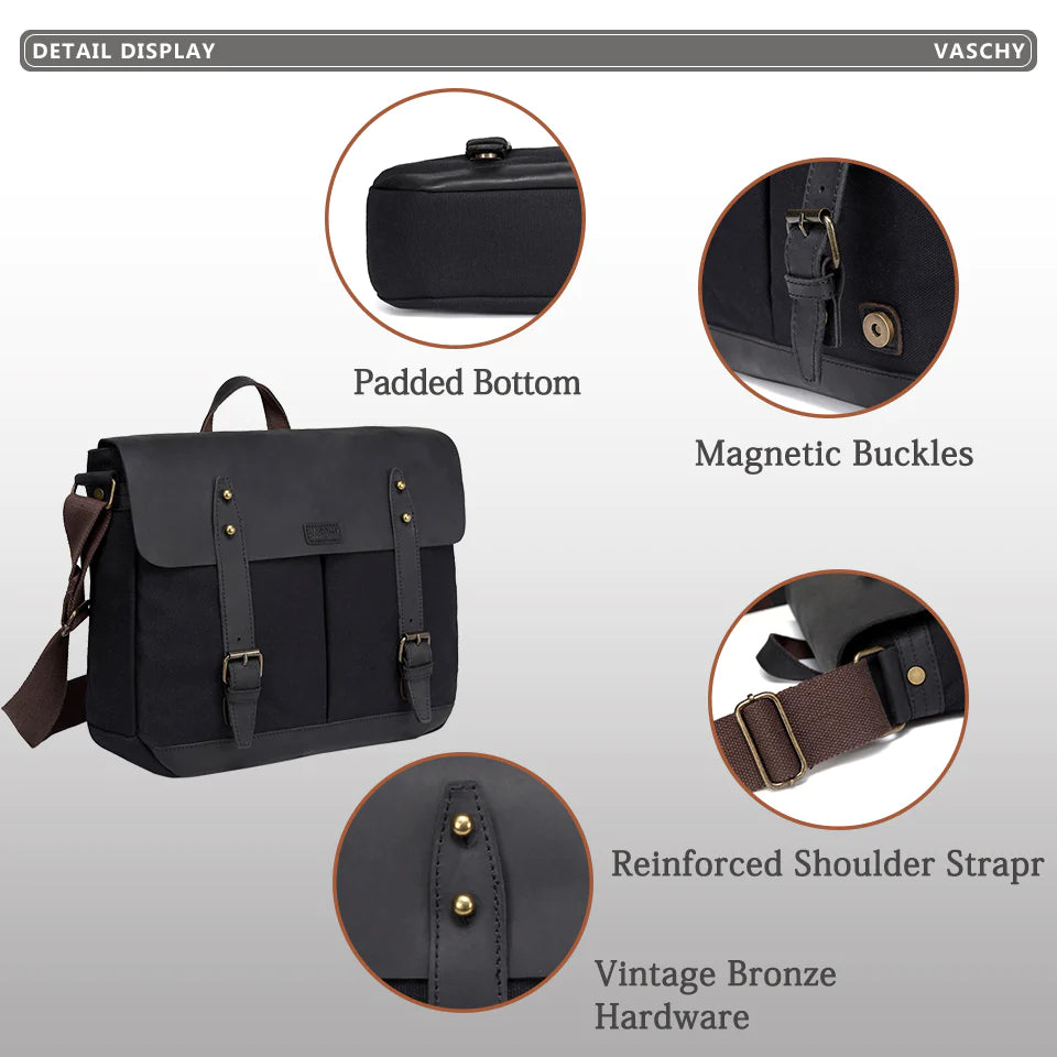 Cowhide Leather Messenger Bag for Men Casual Laptop Briefcase Water Resistant Canvas Business Handbag Men's Travel Bag