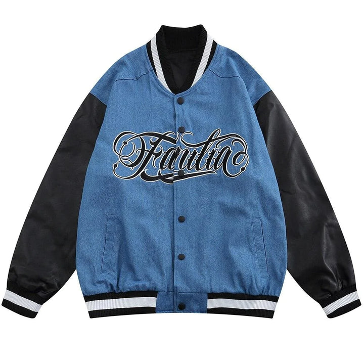Jacket Men Denim Leather Patchwork Color Letter Embroidery Baggy Fashion High Street Style Baseball Jacket Autumn Coats
