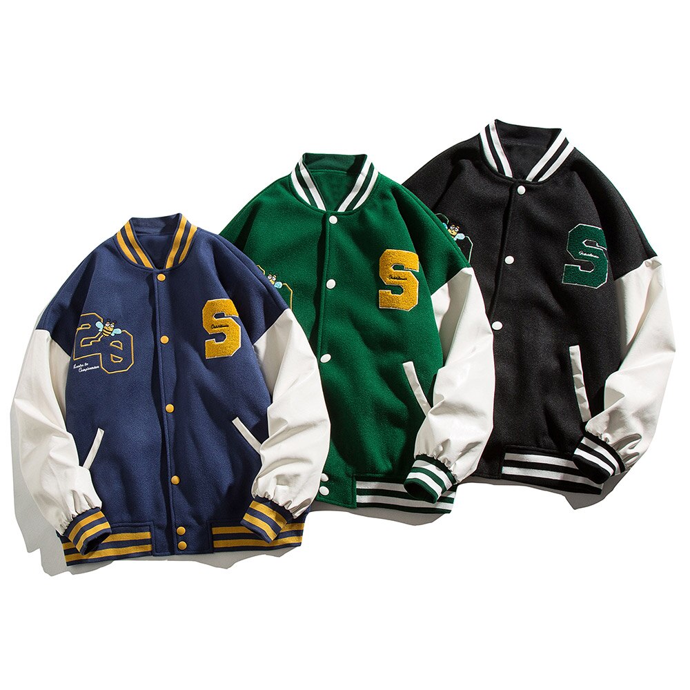 Patchwork Color Animal Letter Embroidery Baseball Jacket Men Bomber Coat Autumn Vintage High Street Harajuku Streetwear